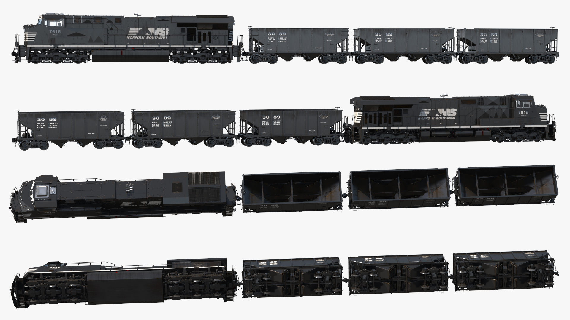 3D Norfolk Southern ES44AC Locomotive with Coal Hopper Cars