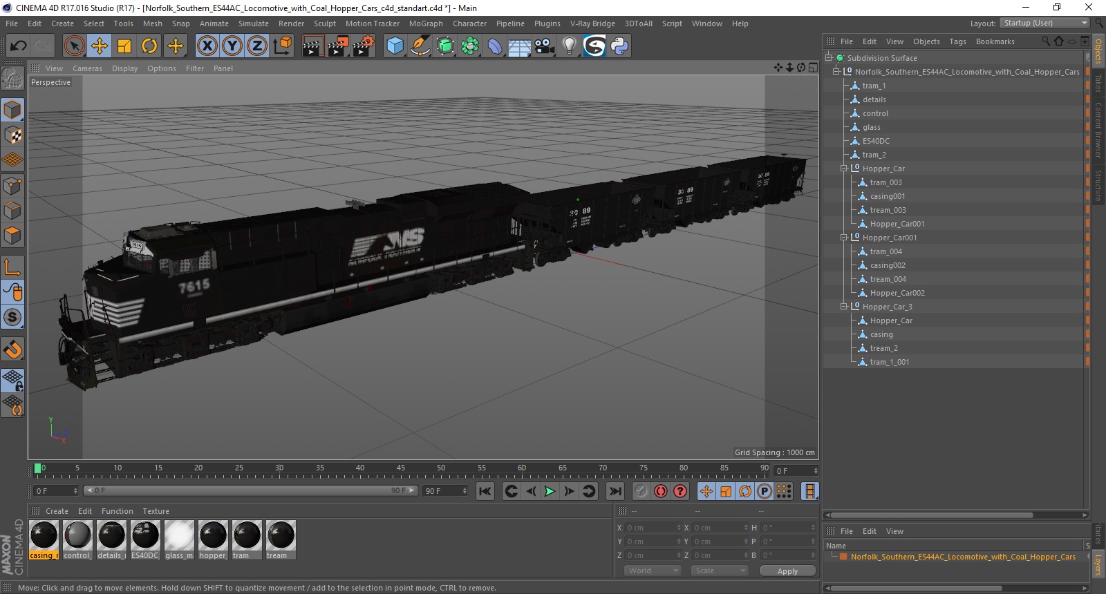 3D Norfolk Southern ES44AC Locomotive with Coal Hopper Cars