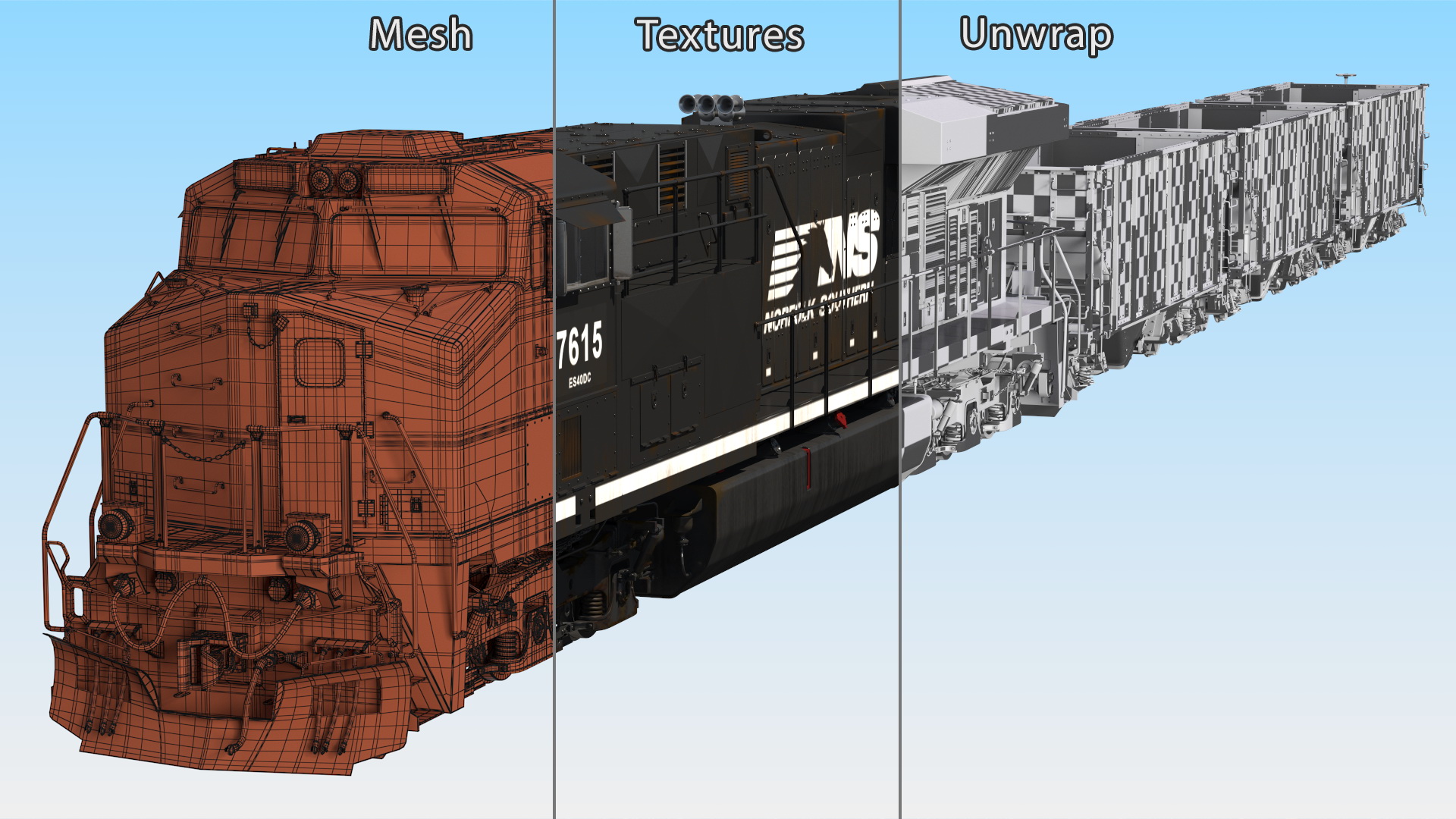 3D Norfolk Southern ES44AC Locomotive with Coal Hopper Cars