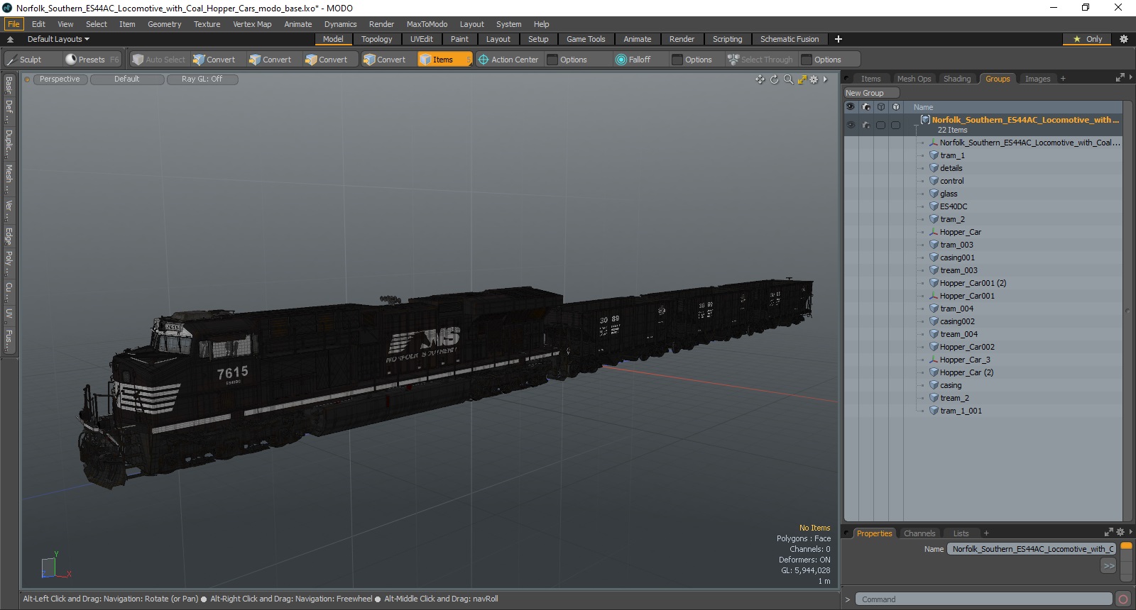 3D Norfolk Southern ES44AC Locomotive with Coal Hopper Cars