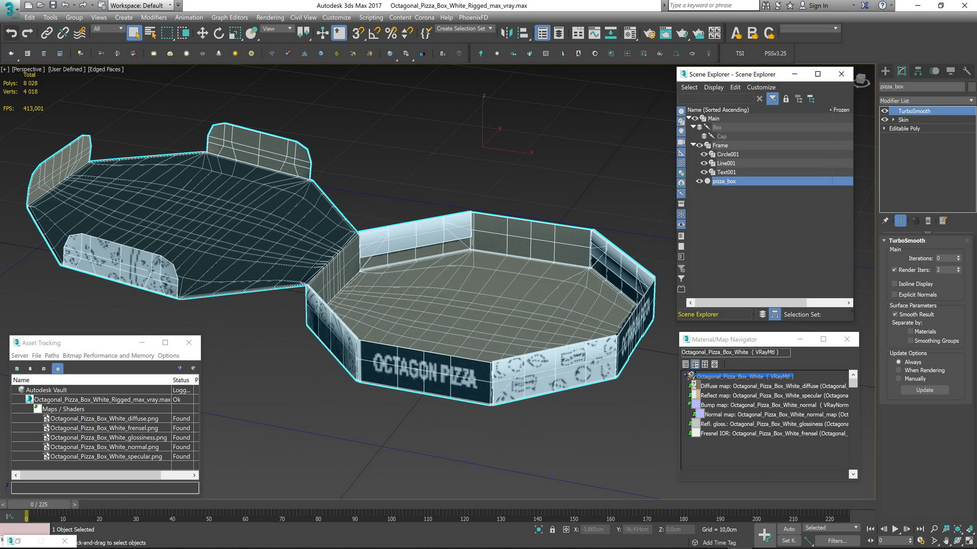 Octagonal Pizza Box White Rigged 3D