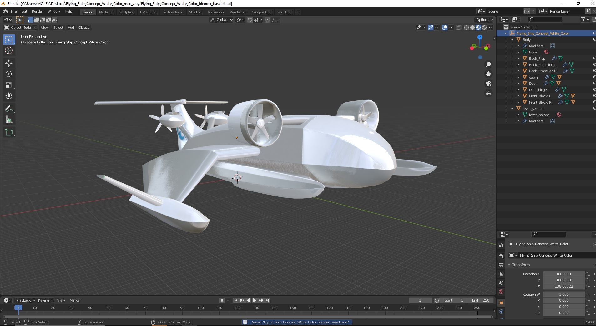 3D Flying Ship Concept White Color