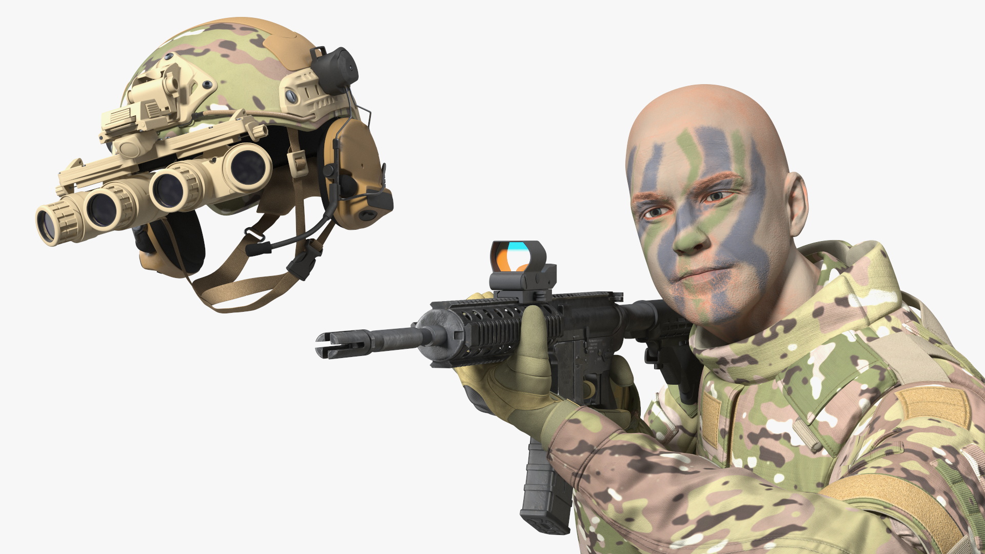 3D Soldier in Green Camo with Night Vision Aiming