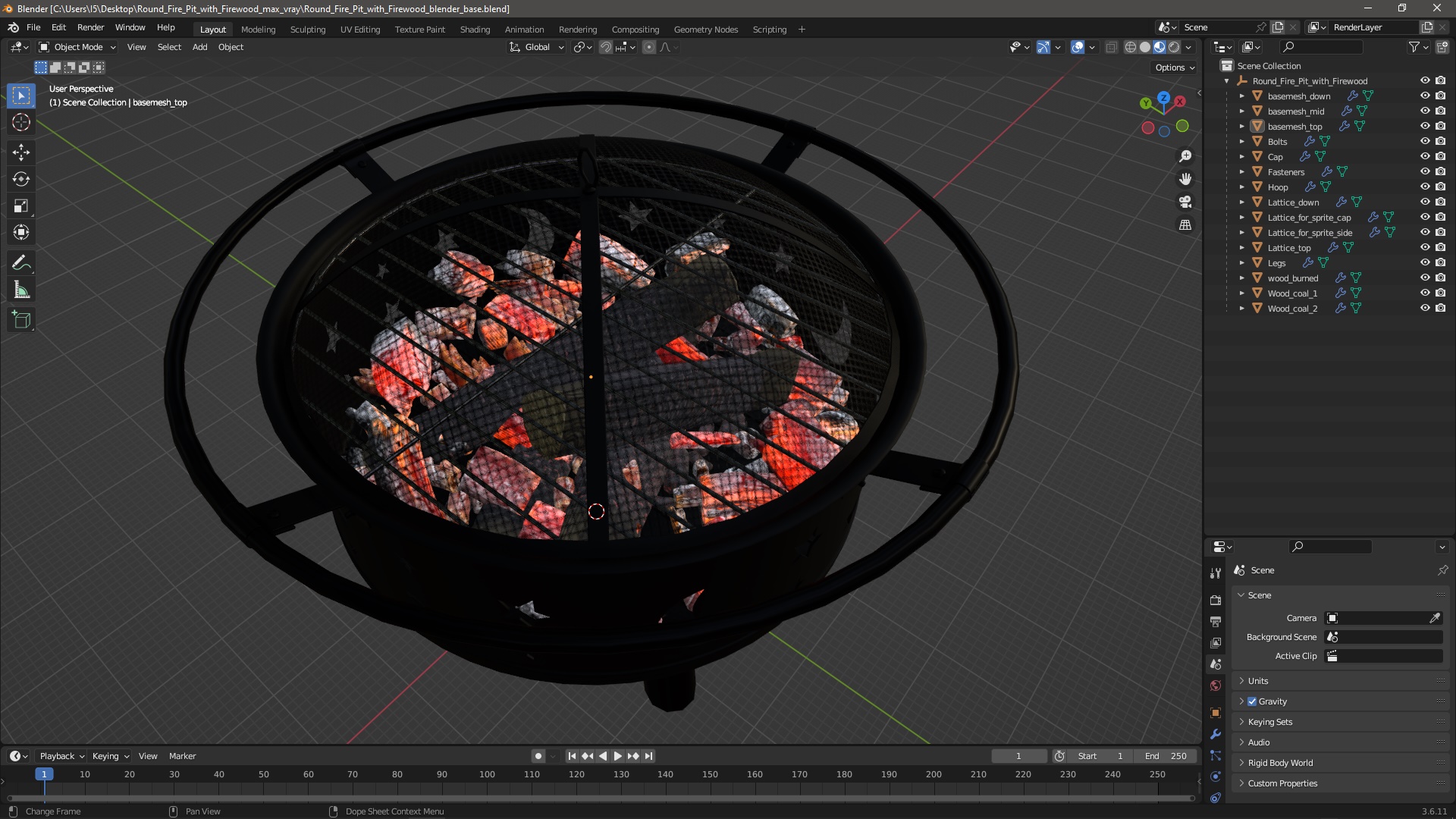 3D Round Fire Pit with Firewood model
