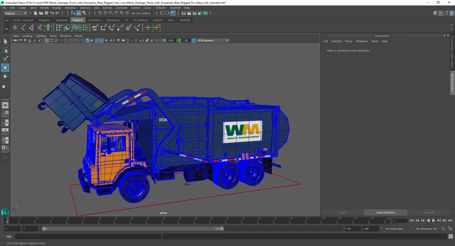 3D Mack Garbage Truck with Dumpster Blue Rigged for Maya model