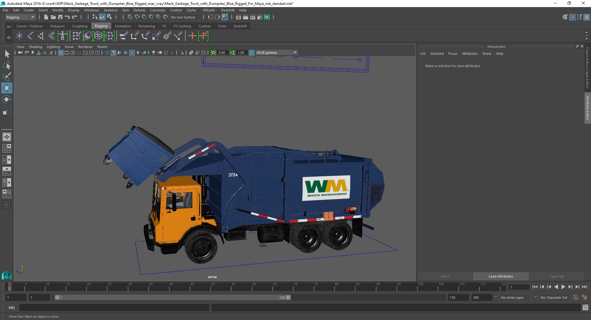 3D Mack Garbage Truck with Dumpster Blue Rigged for Maya model