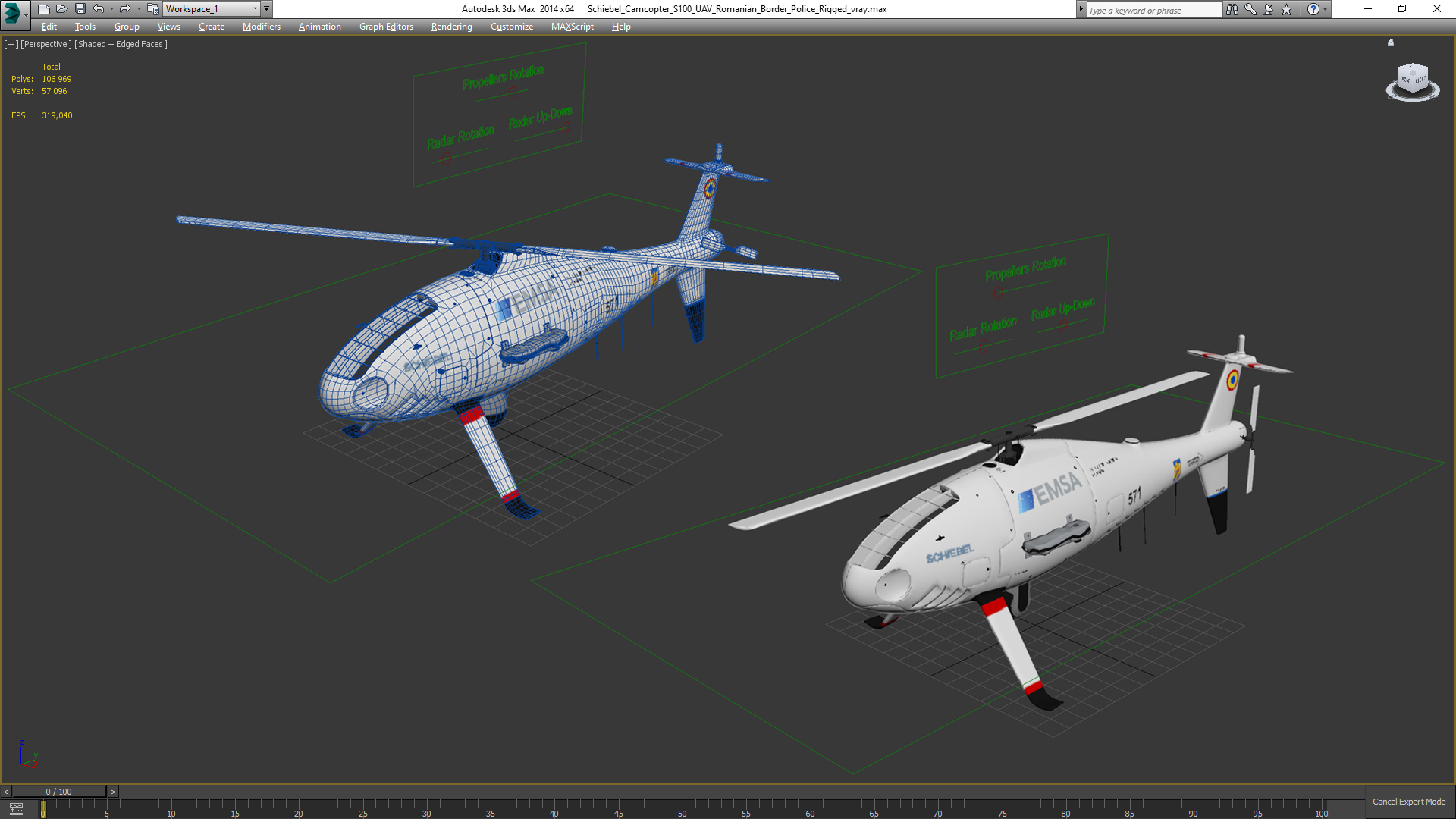 Schiebel Camcopter S100 UAV Romanian Border Police Rigged 3D