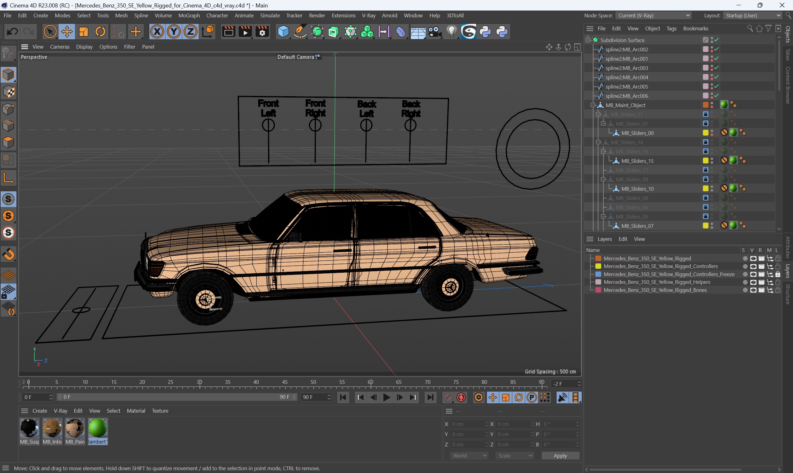 3D Mercedes Benz 350 SE Yellow Rigged for Cinema 4D model