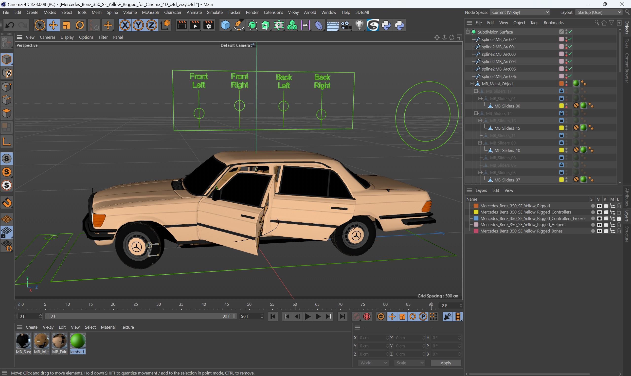 3D Mercedes Benz 350 SE Yellow Rigged for Cinema 4D model