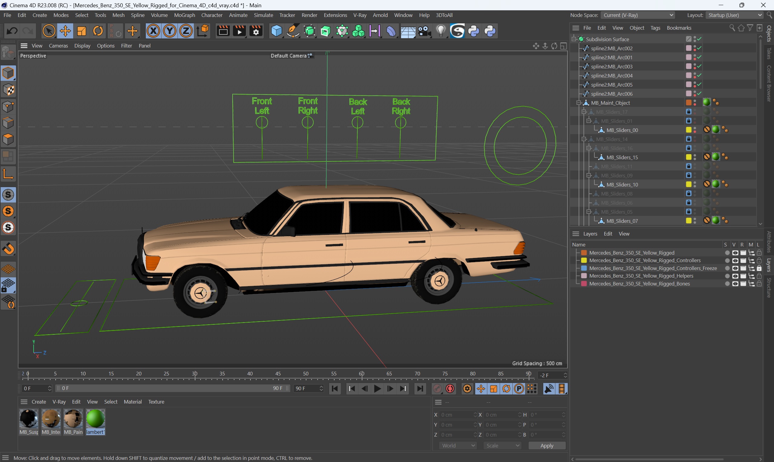 3D Mercedes Benz 350 SE Yellow Rigged for Cinema 4D model