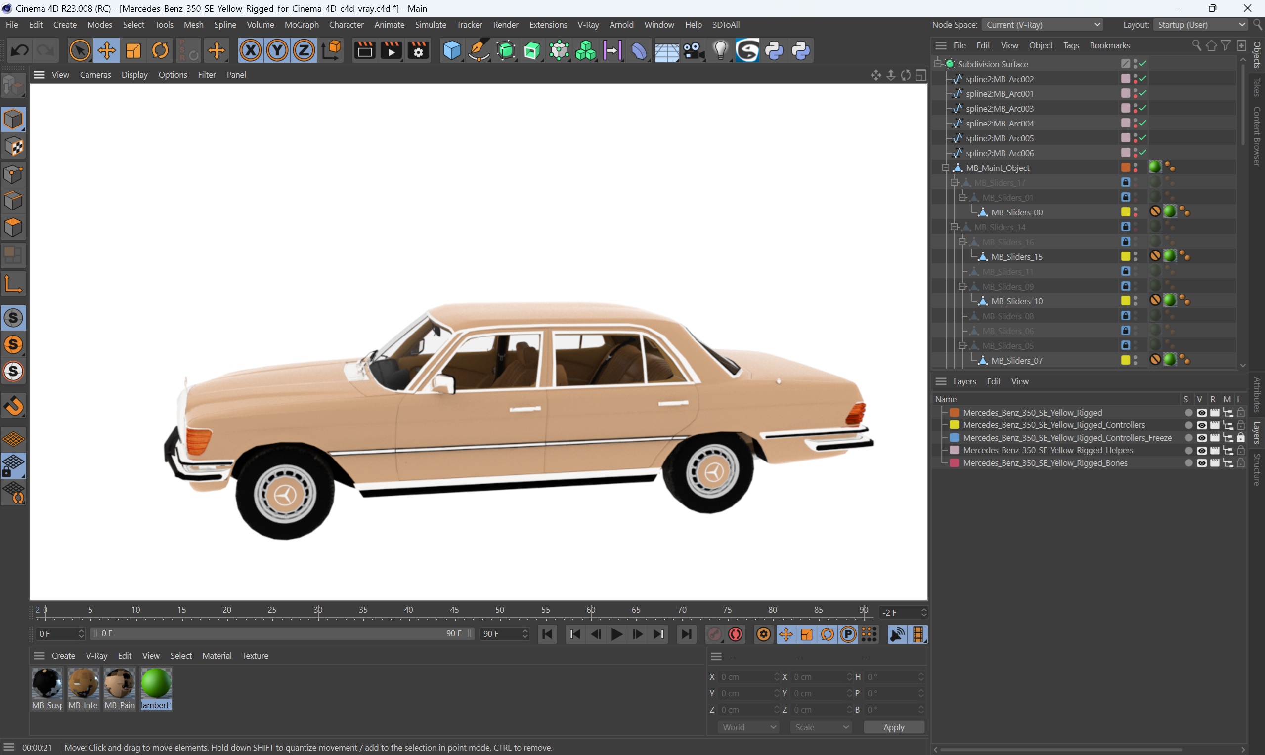 3D Mercedes Benz 350 SE Yellow Rigged for Cinema 4D model