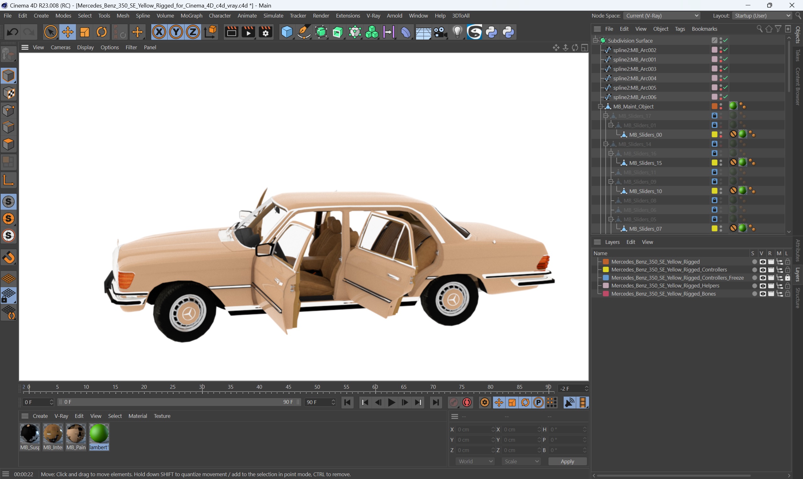 3D Mercedes Benz 350 SE Yellow Rigged for Cinema 4D model