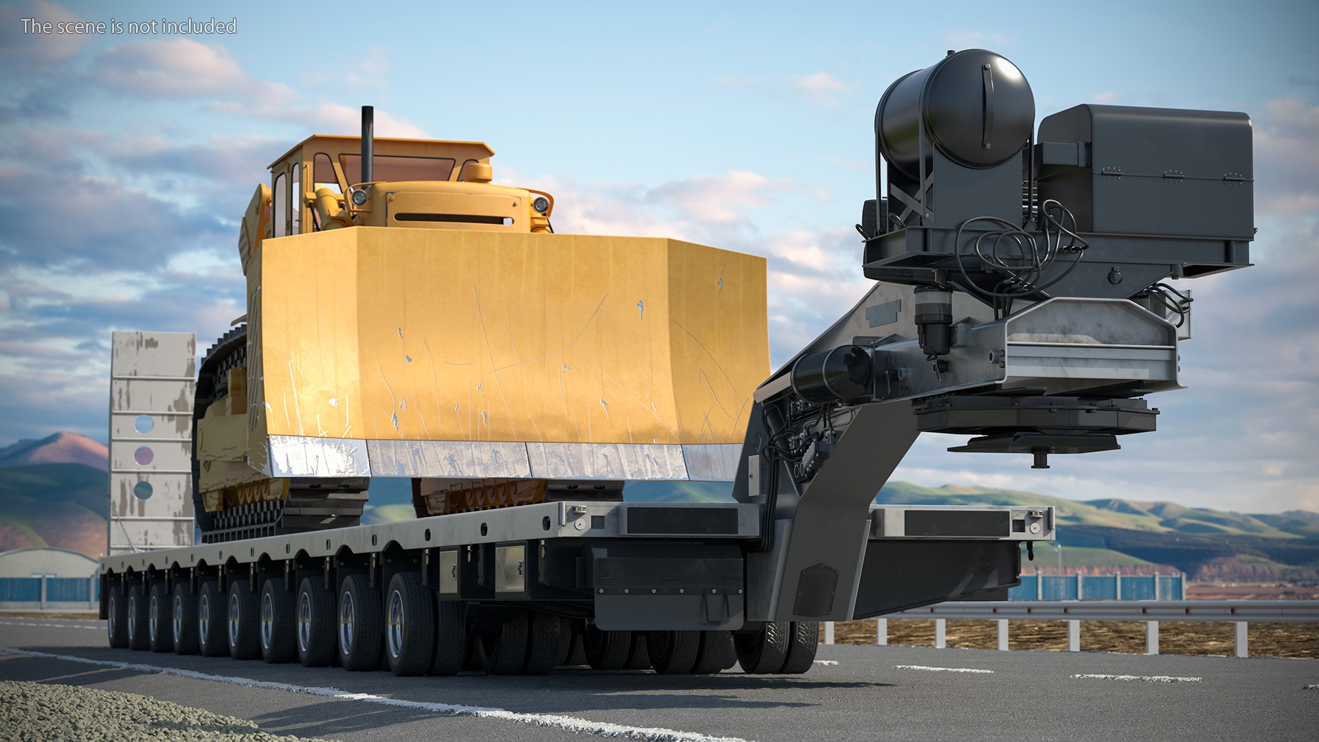 3D Bulldozer on Heavy Transport Trailer