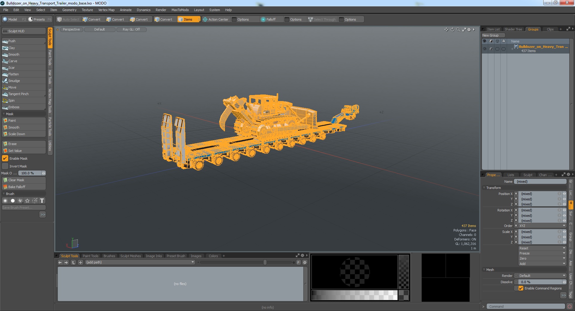 3D Bulldozer on Heavy Transport Trailer