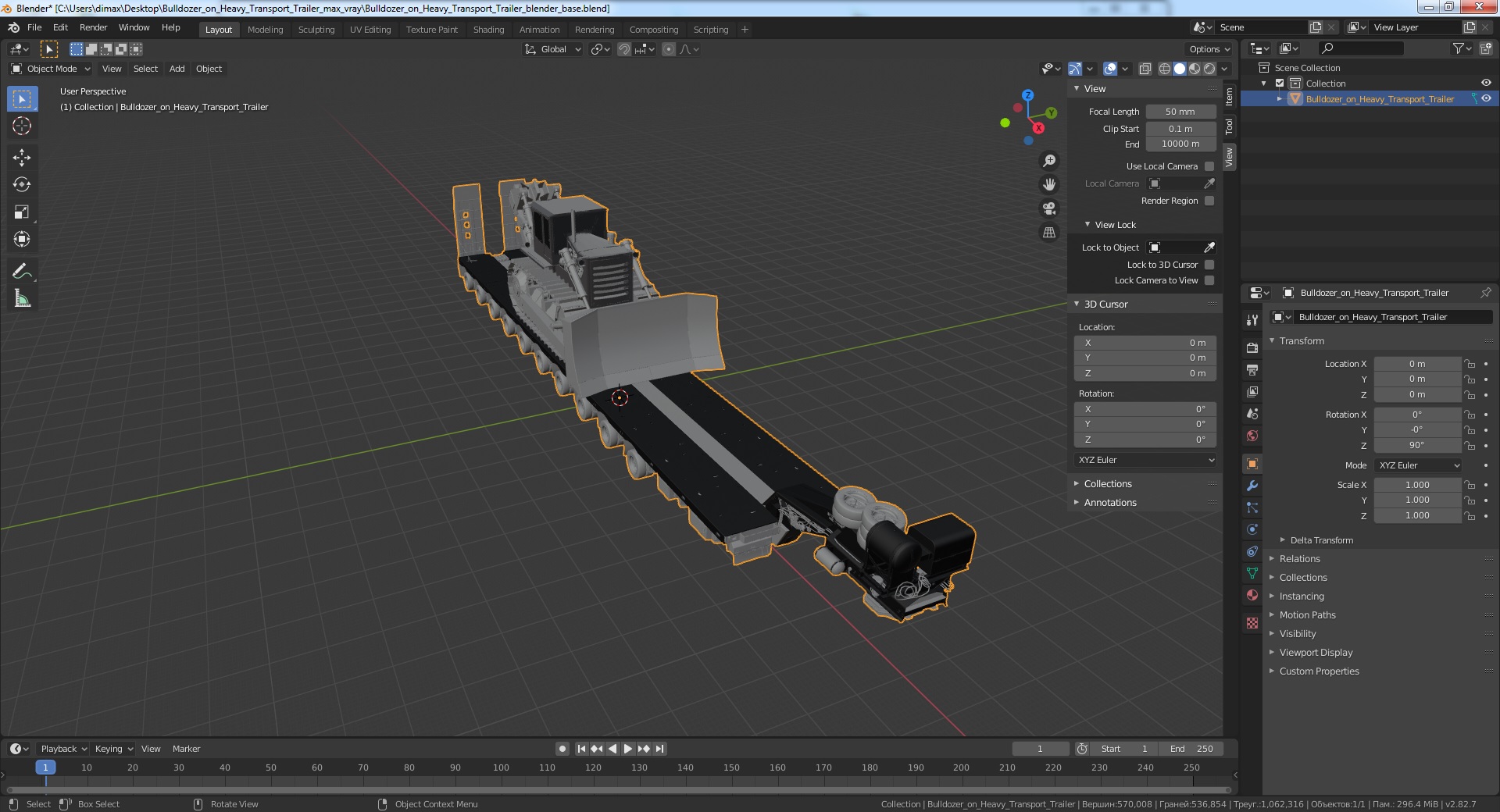 3D Bulldozer on Heavy Transport Trailer