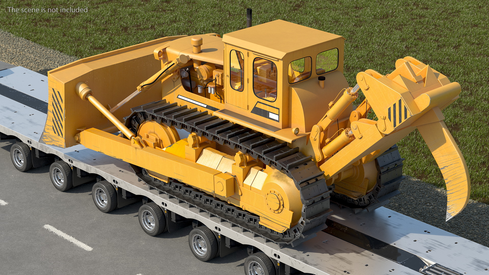 3D Bulldozer on Heavy Transport Trailer