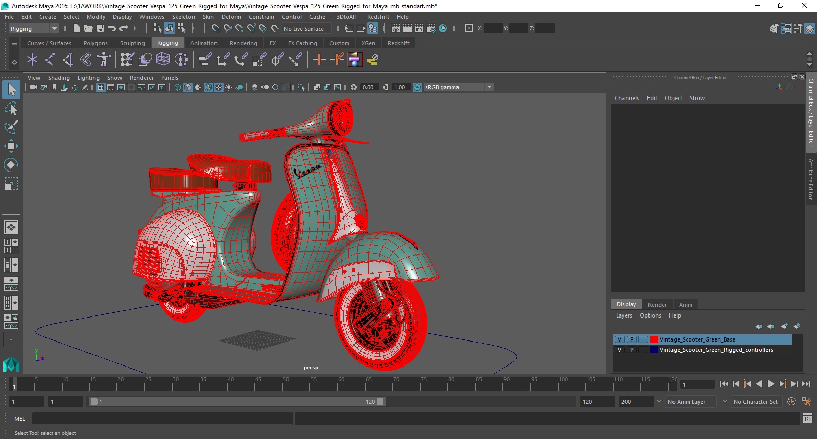 Vintage Scooter Vespa 125 Green Rigged for Maya 3D
