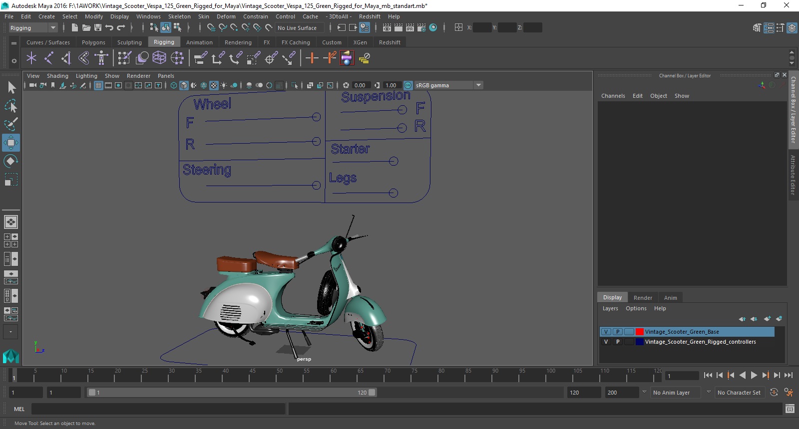 Vintage Scooter Vespa 125 Green Rigged for Maya 3D