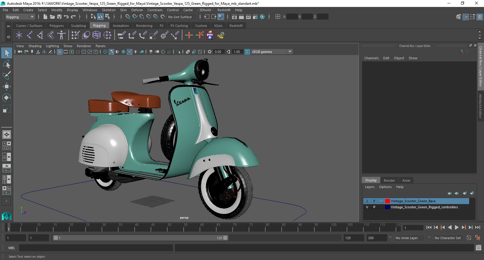 Vintage Scooter Vespa 125 Green Rigged for Maya 3D