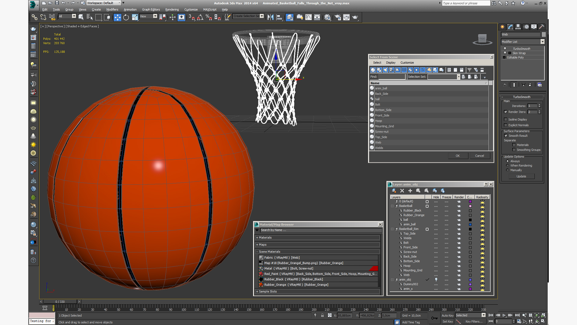 3D Animated Basketball Falls Through the Net