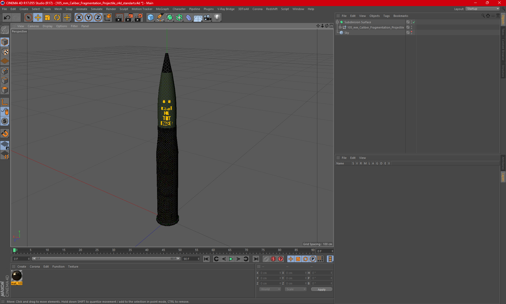 105 mm Caliber Fragmentation Projectile 3D model