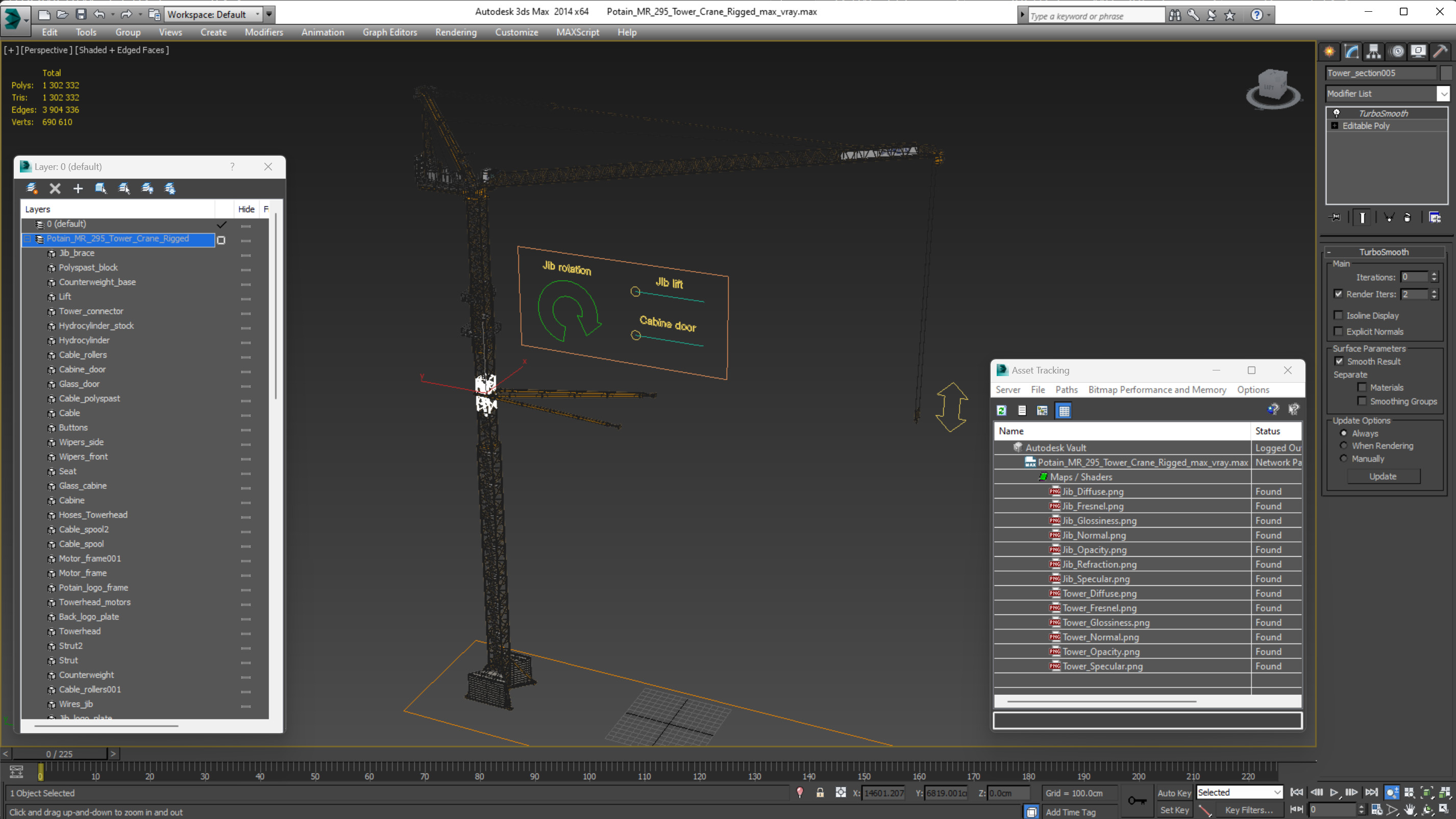 3D Potain MR 295 Tower Crane Rigged for Maya