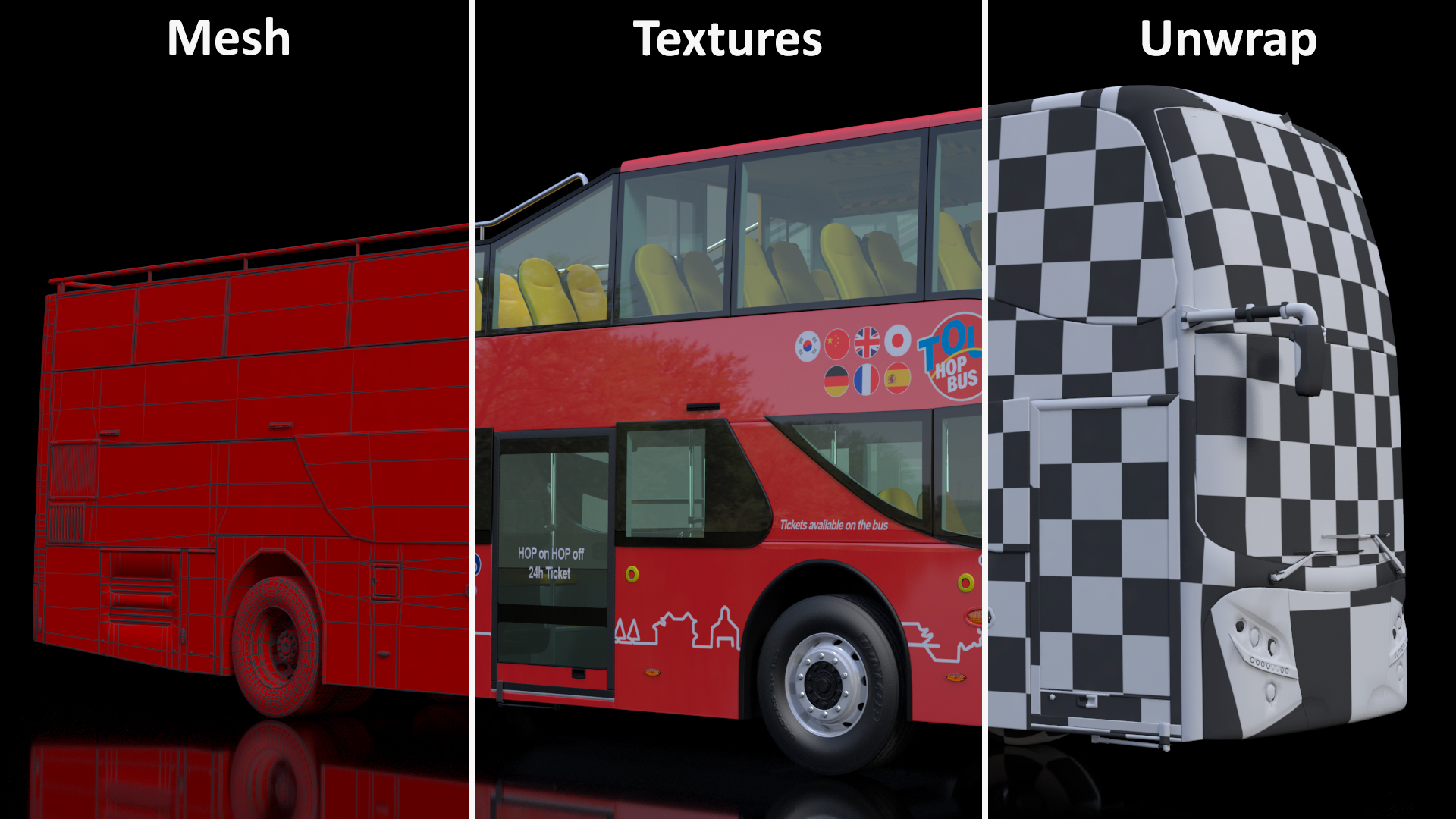 Open Air Double Decker Hop-On Hop-Off Tour Bus Rigged for Maya 3D