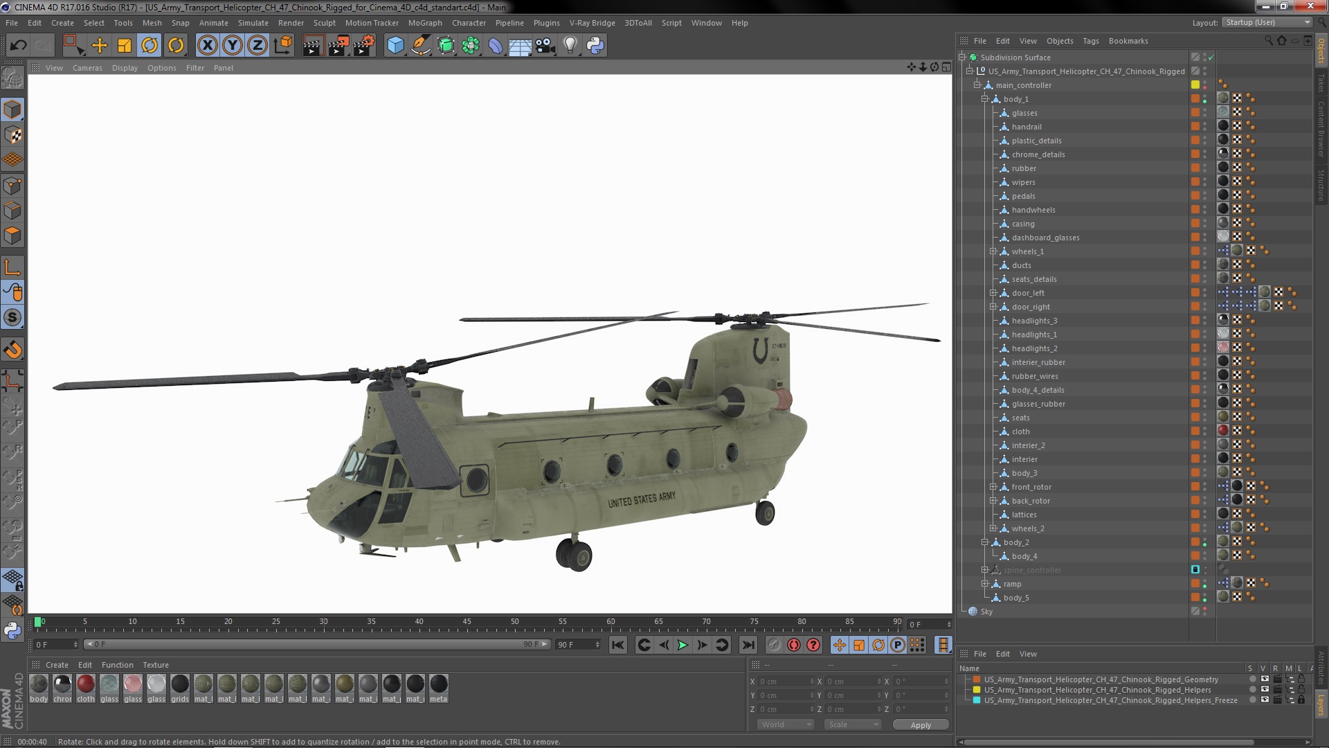 3D US Army Transport Helicopter CH 47 Chinook Rigged for Cinema 4D model