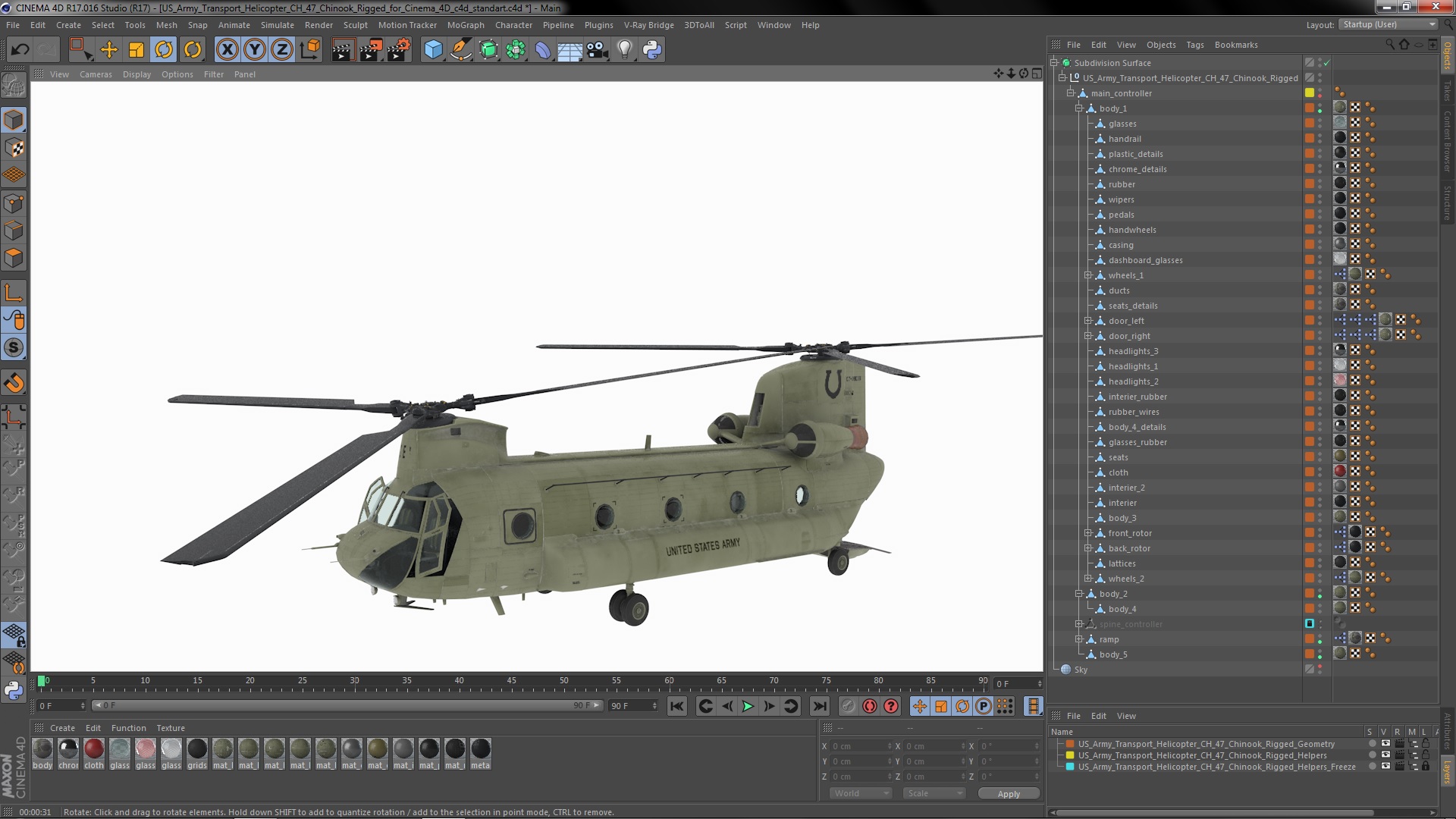 3D US Army Transport Helicopter CH 47 Chinook Rigged for Cinema 4D model