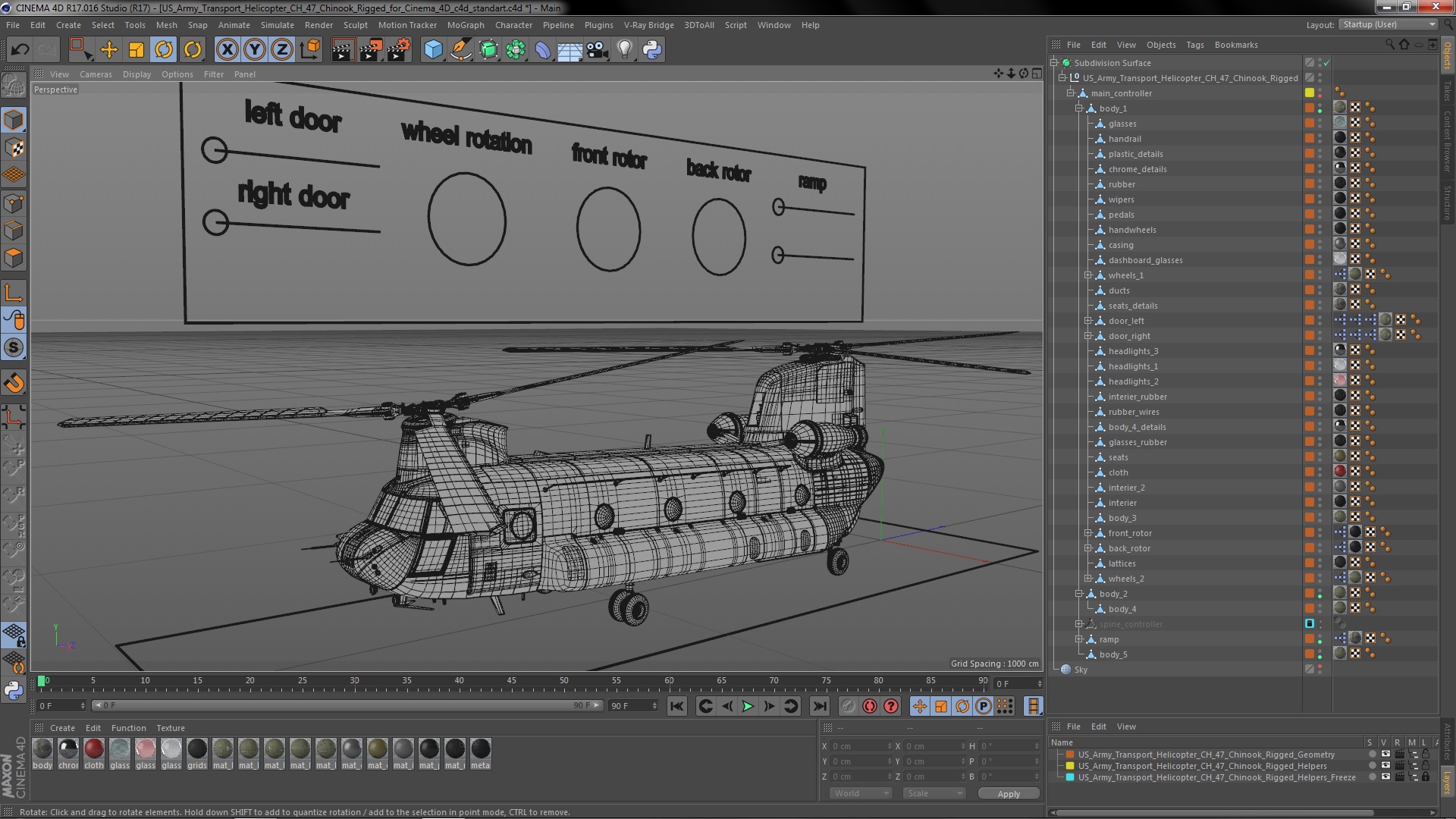 3D US Army Transport Helicopter CH 47 Chinook Rigged for Cinema 4D model