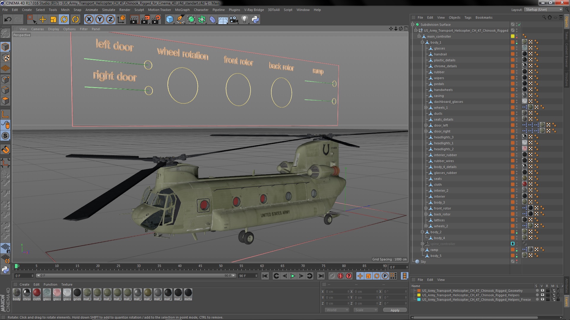 3D US Army Transport Helicopter CH 47 Chinook Rigged for Cinema 4D model