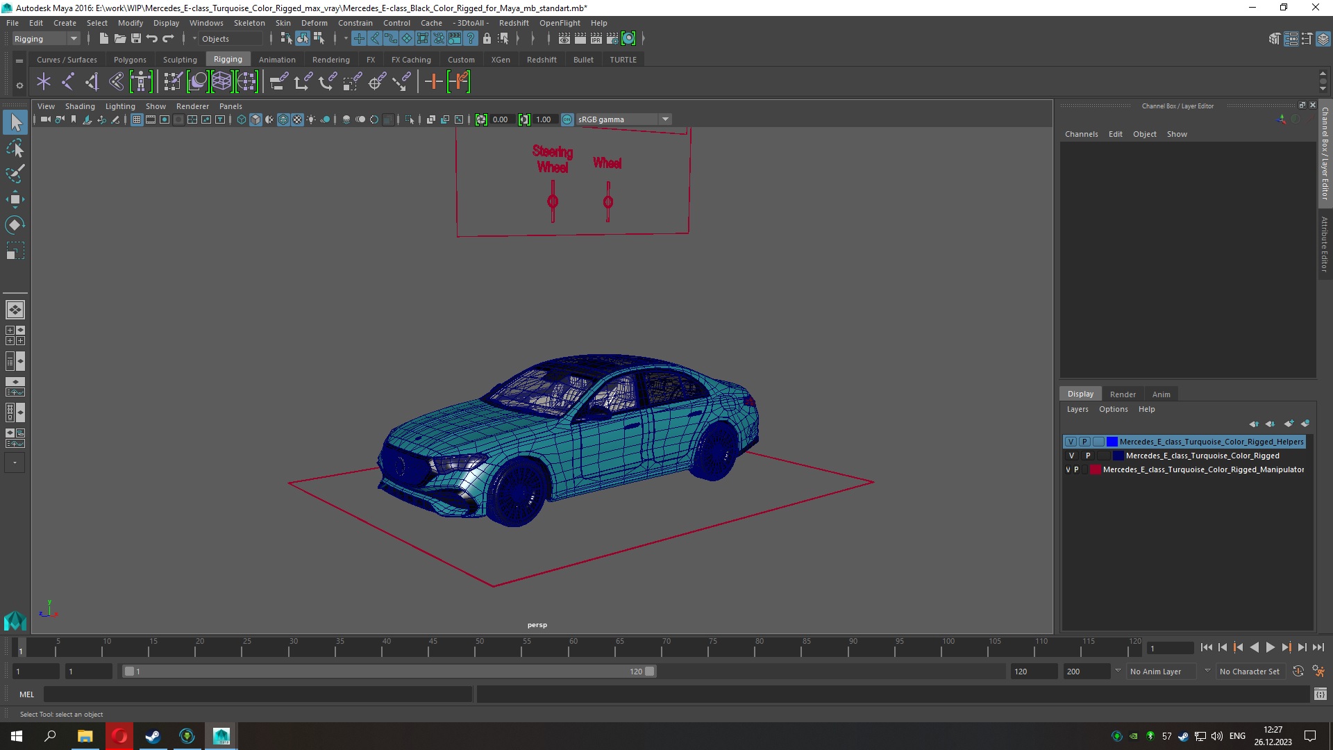 3D Mercedes E-class Turquoise Color Rigged for Maya model