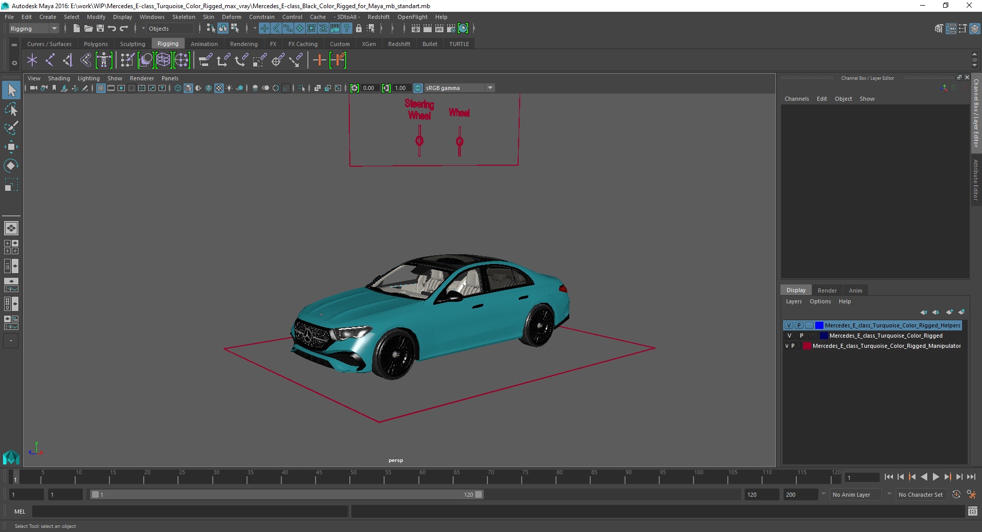 3D Mercedes E-class Turquoise Color Rigged for Maya model