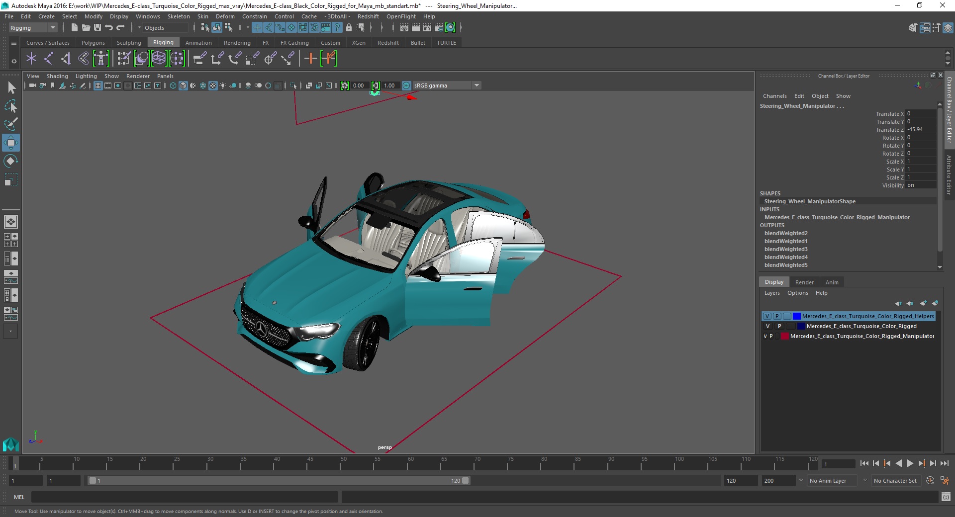 3D Mercedes E-class Turquoise Color Rigged for Maya model