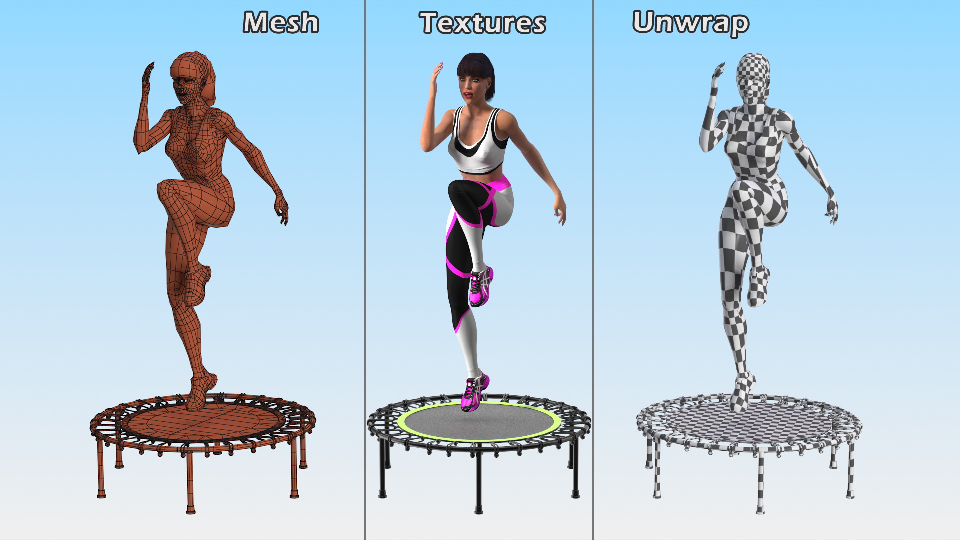 Woman Athlete with Trampoline Jumping Pose 3D