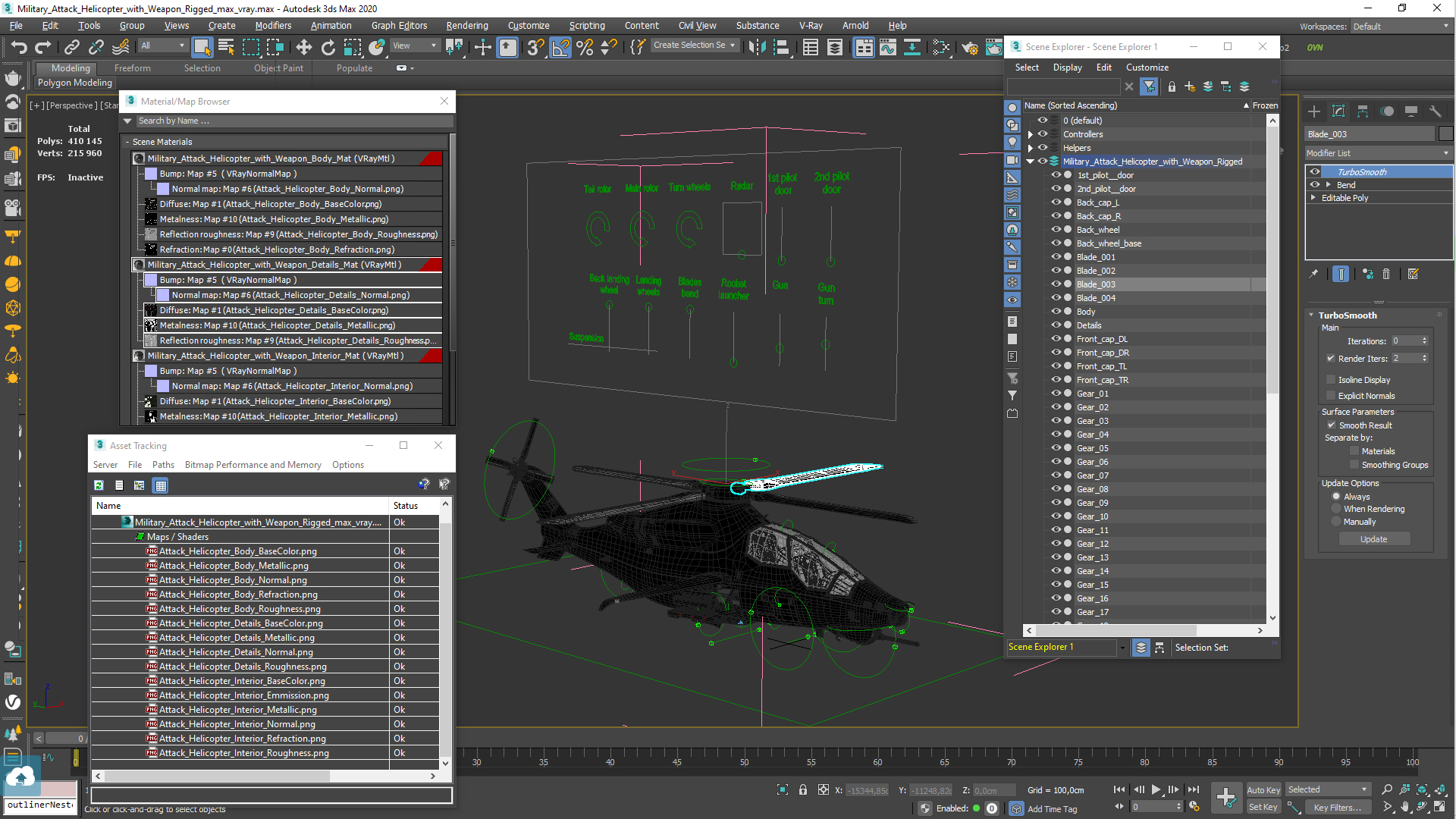 Military Attack Helicopter with Weapon Rigged for Cinema 4D 3D model