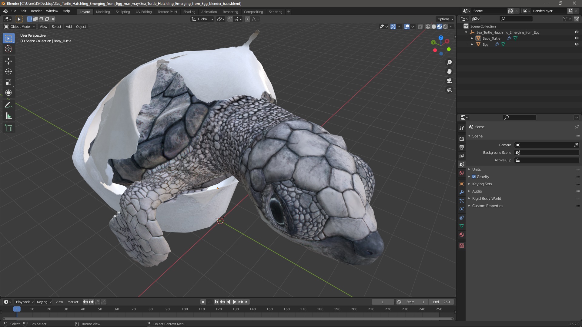 3D Sea Turtle Hatchling Emerging from Egg model