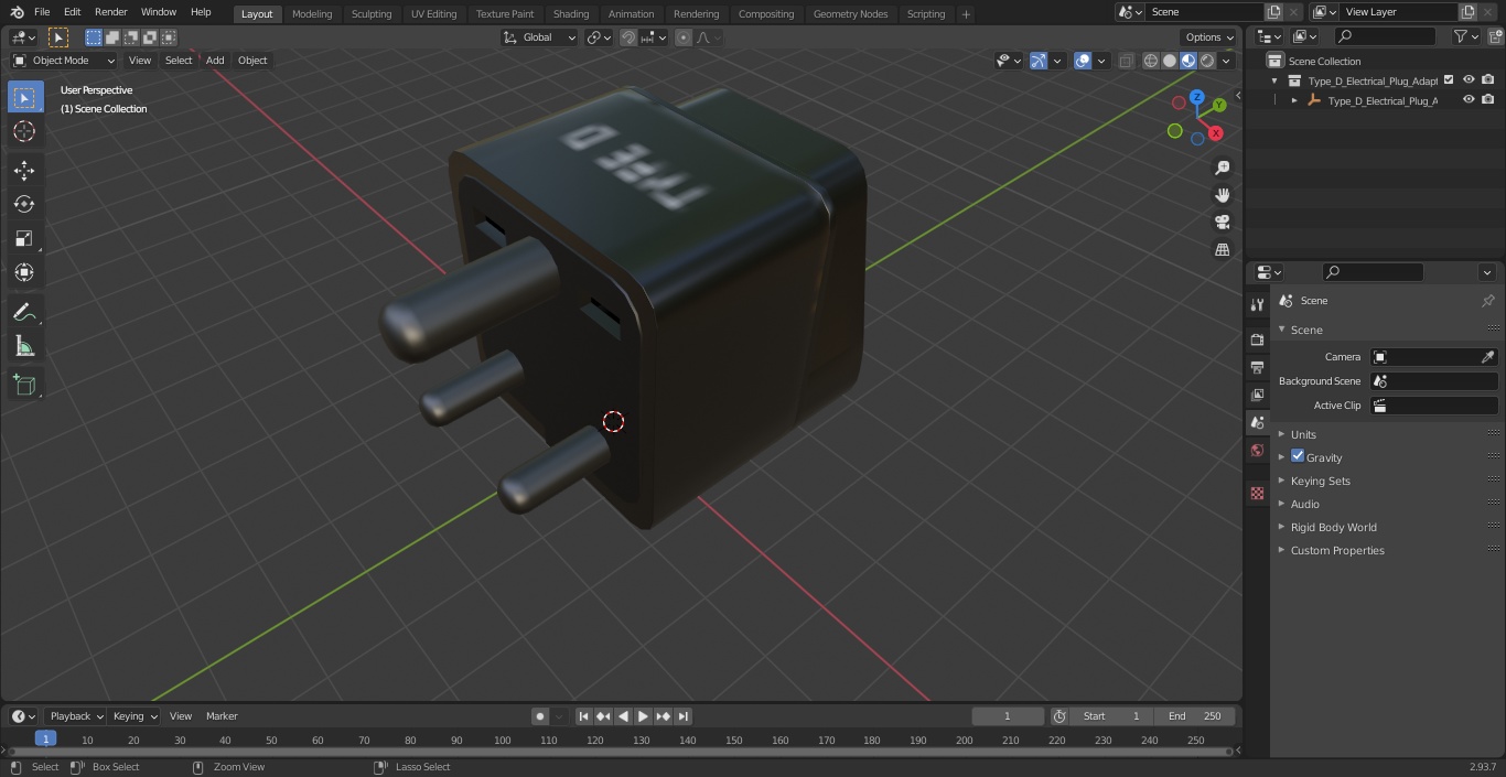 3D Type D Electrical Plug Adapter Black