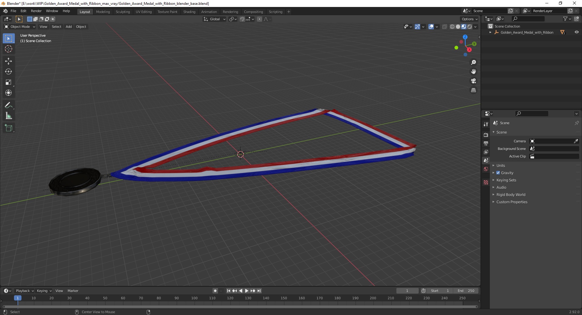 3D model Golden Award Medal with Ribbon