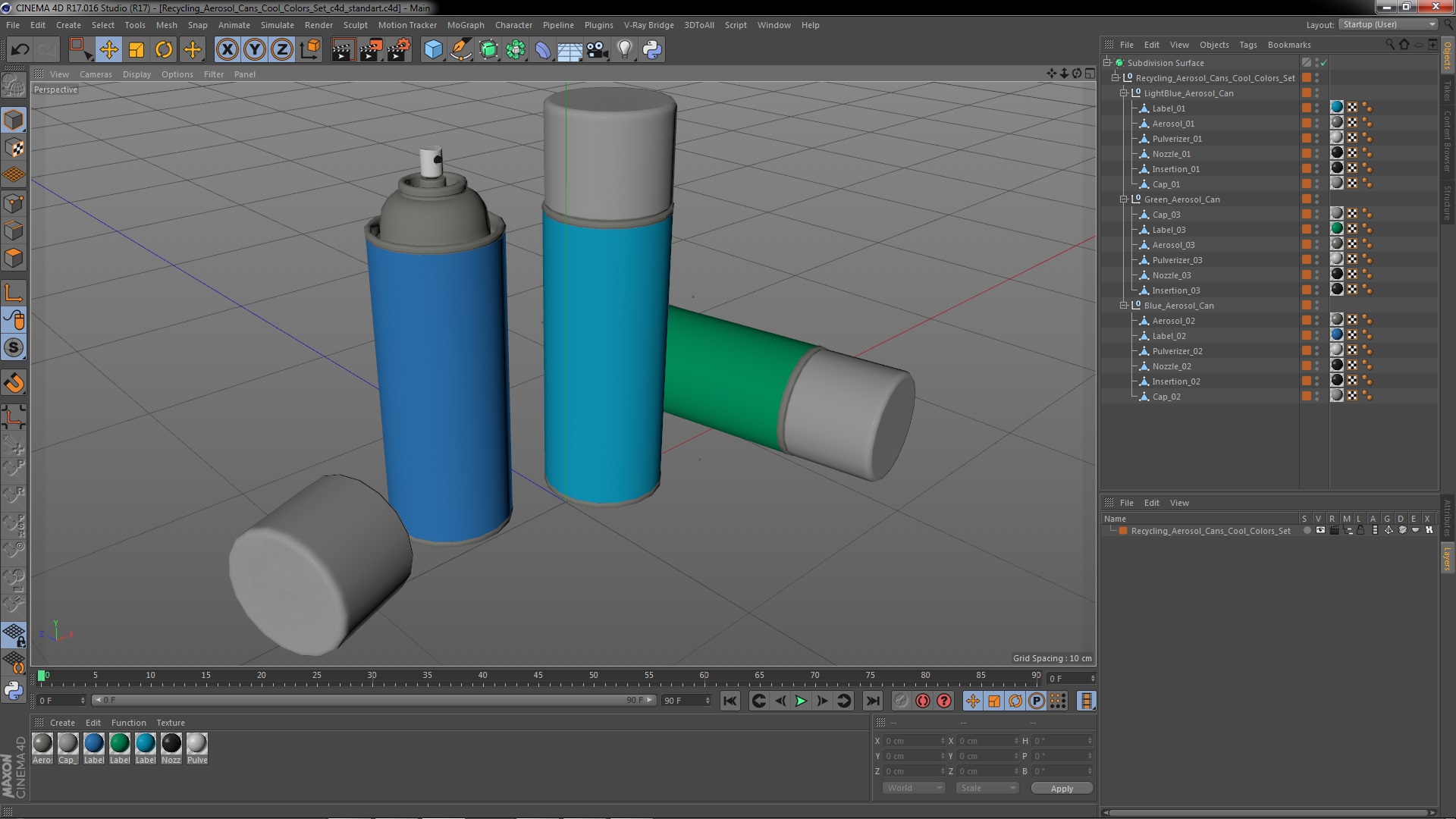 3D Recycling Aerosol Cans Cool Colors Set model