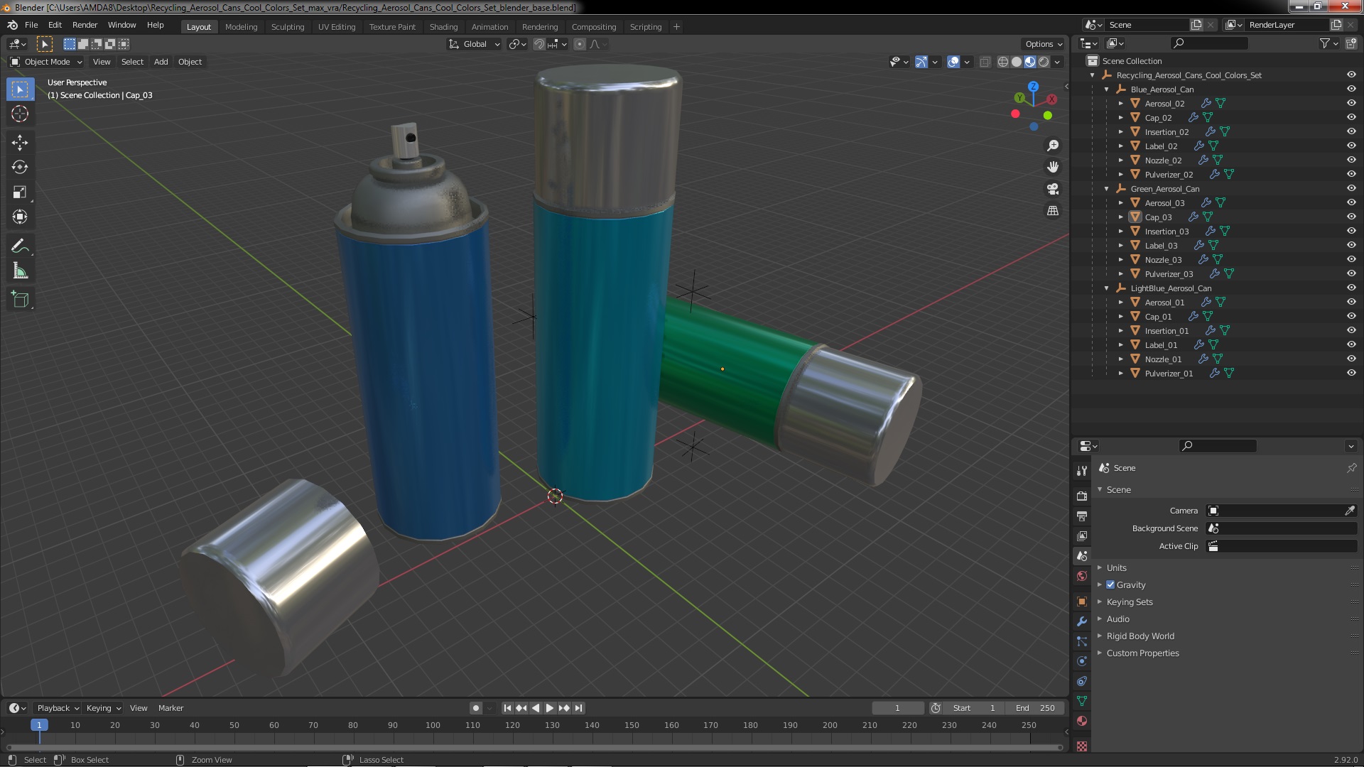 3D Recycling Aerosol Cans Cool Colors Set model