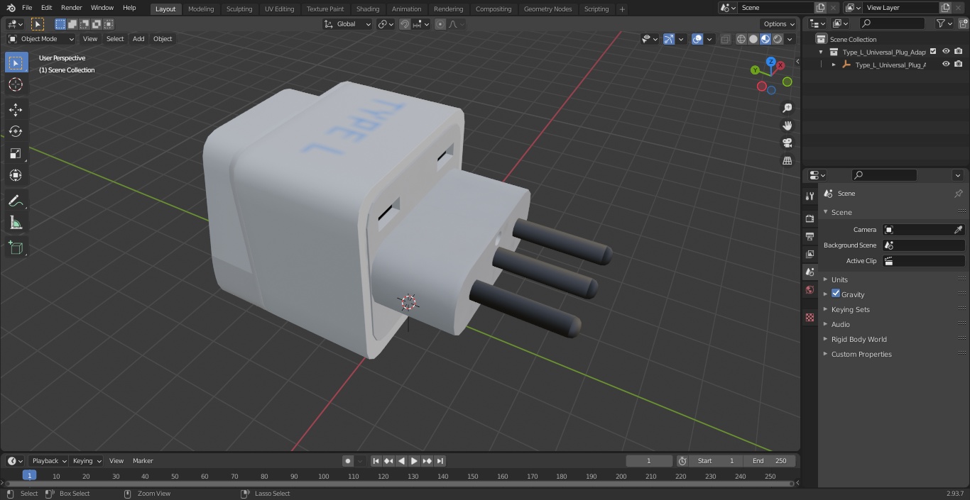 3D model Type L Universal Plug Adapter White