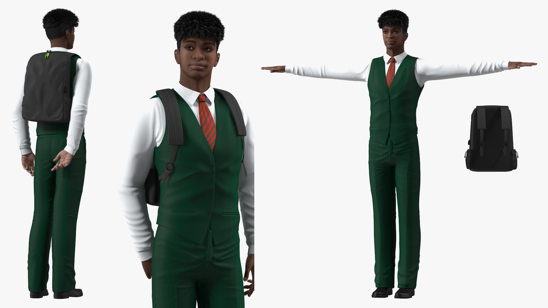3D Black Teenager Dark Skin School Uniform Rigged