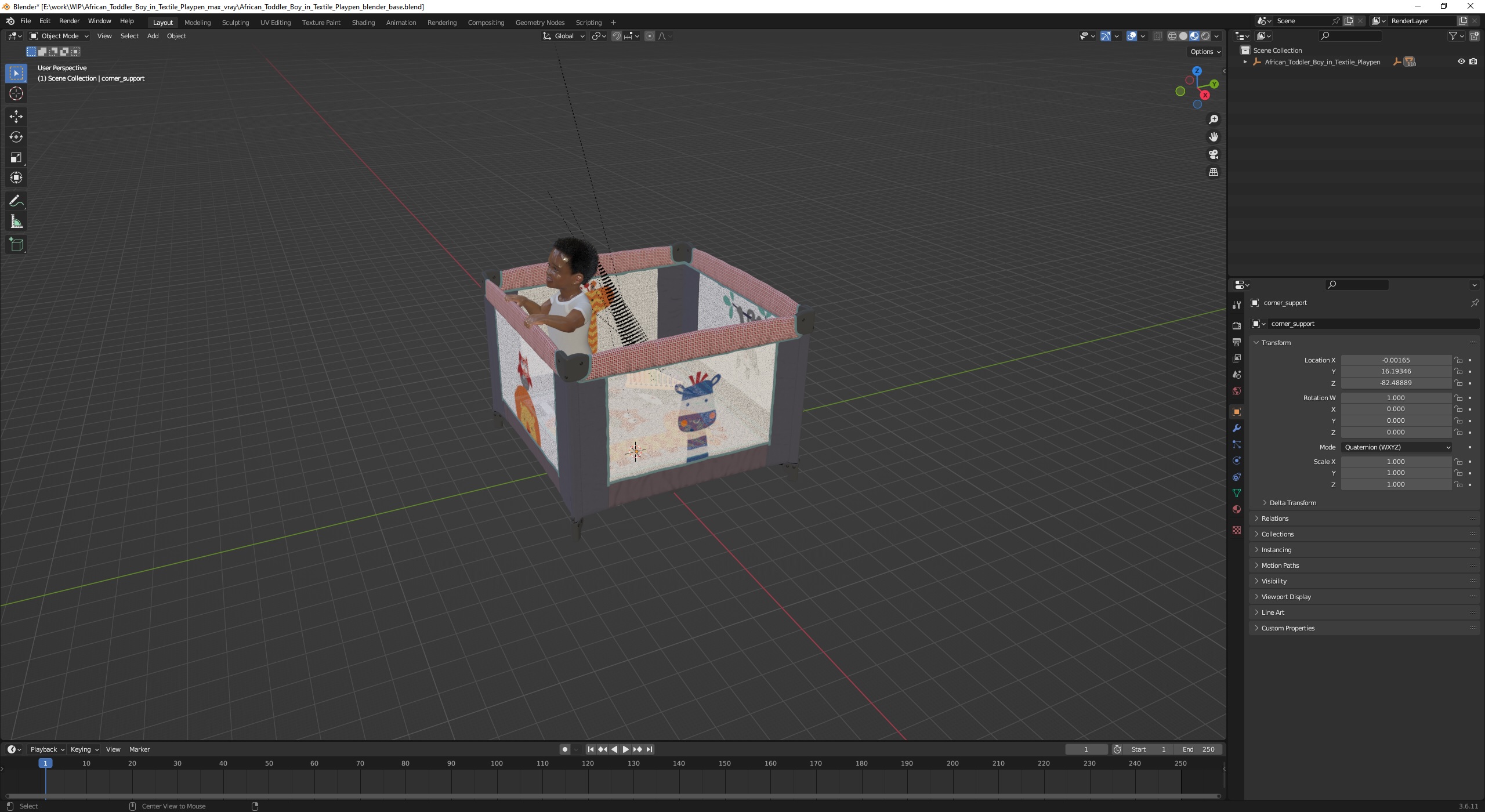 3D African Toddler Boy in Textile Playpen model
