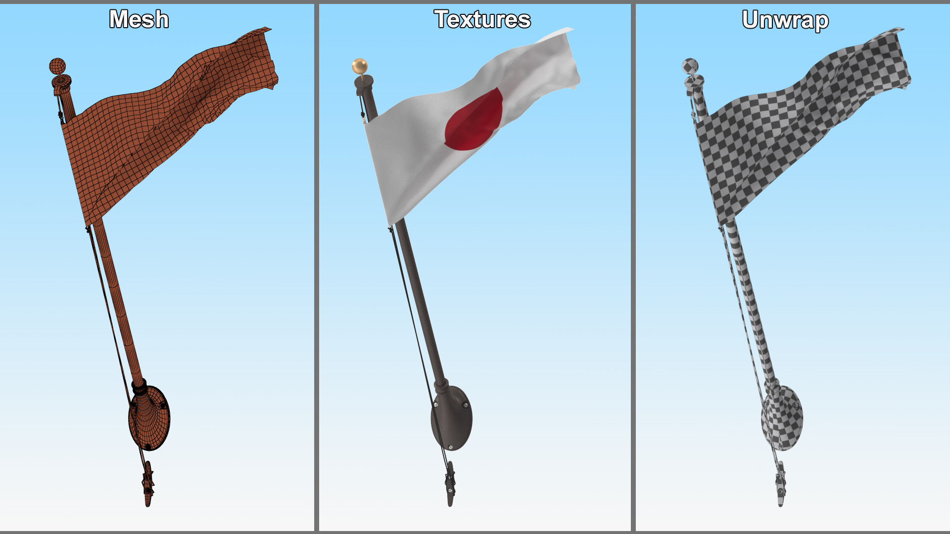 3D Japan Flag on Wall Pole model