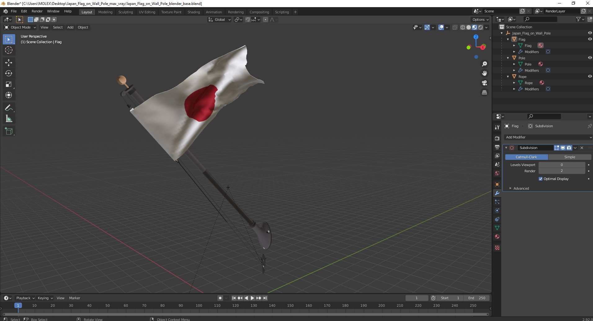 3D Japan Flag on Wall Pole model