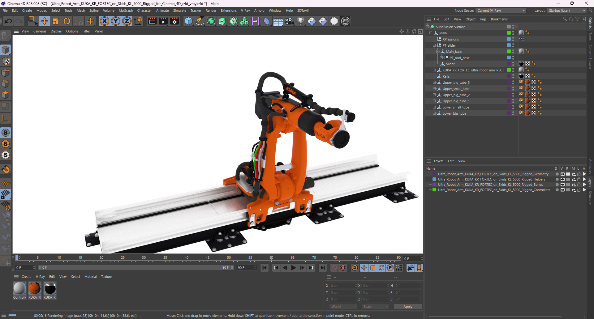 3D Ultra Robot Arm KUKA KR FORTEC On Skids KL 5000 Rigged for Cinema 4D model