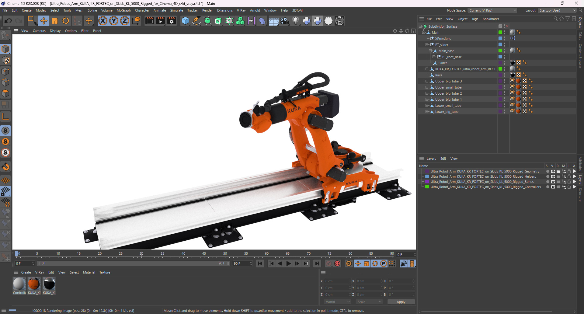 3D Ultra Robot Arm KUKA KR FORTEC On Skids KL 5000 Rigged for Cinema 4D model
