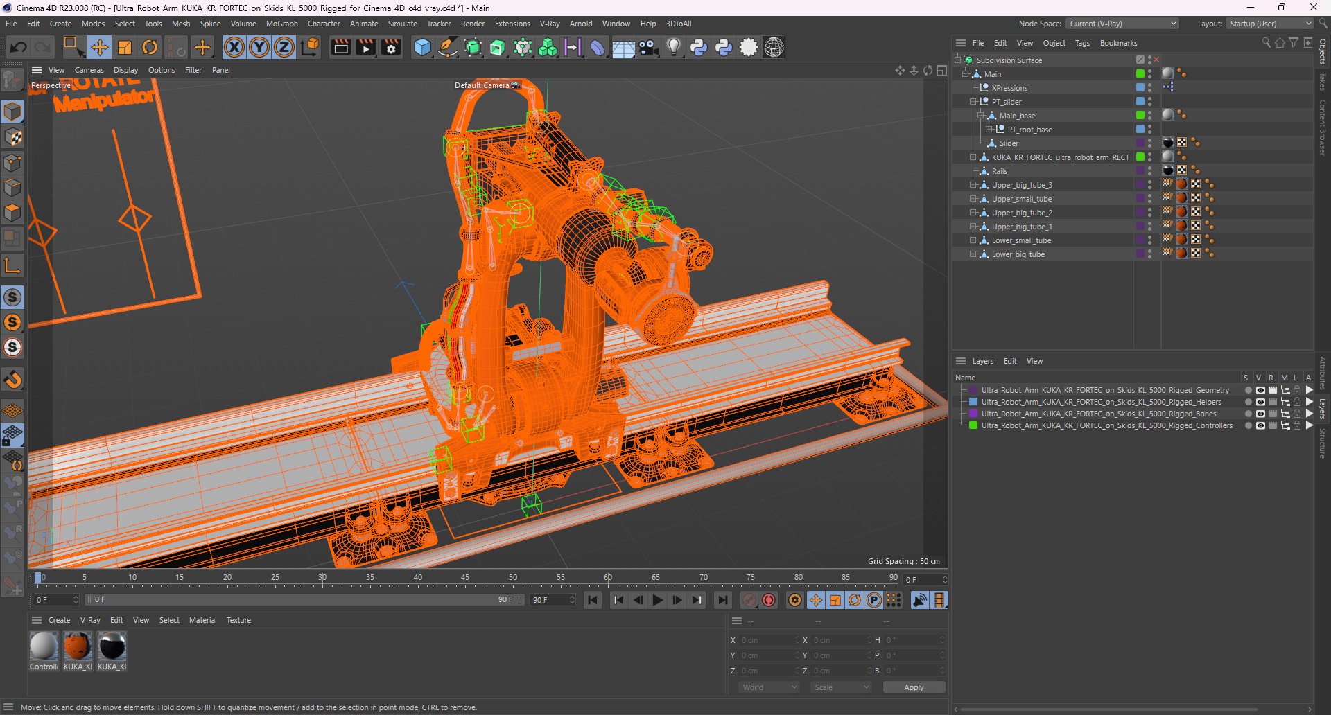 3D Ultra Robot Arm KUKA KR FORTEC On Skids KL 5000 Rigged for Cinema 4D model