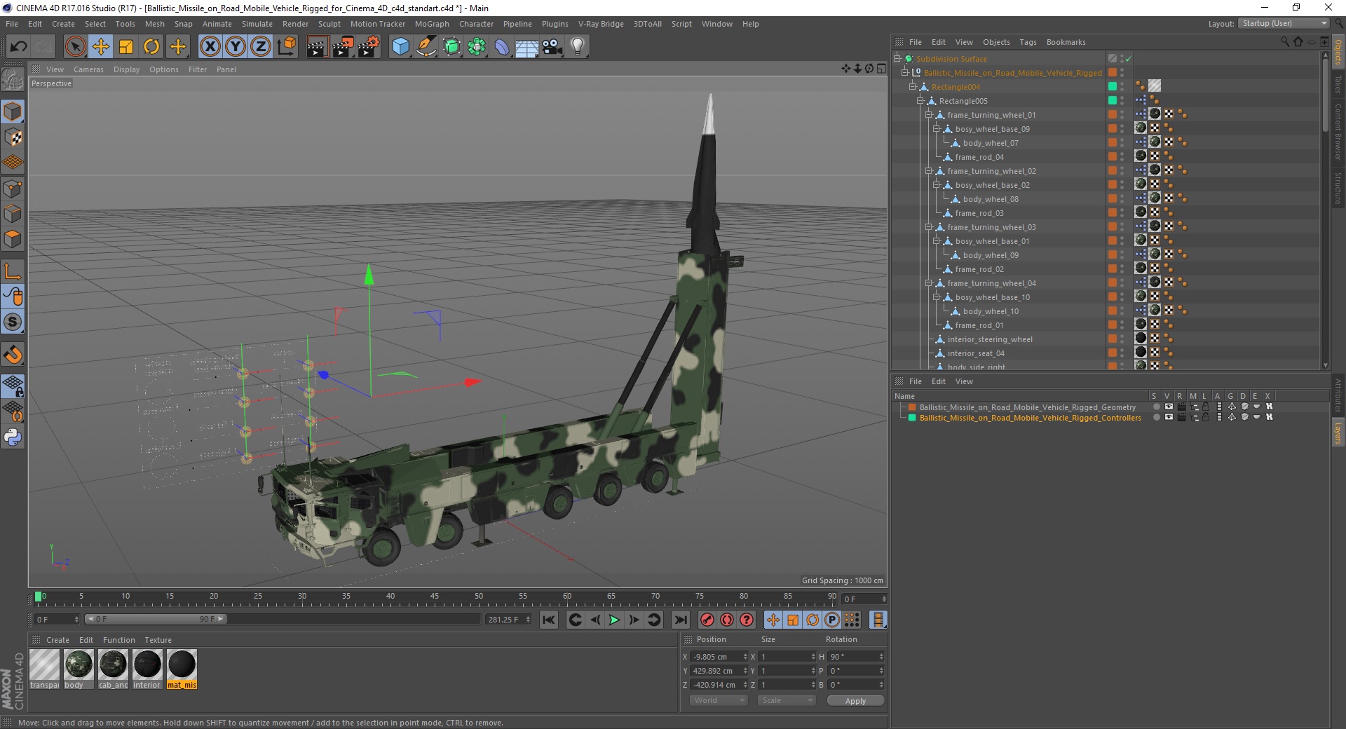 3D Ballistic Missile on Road Mobile Vehicle Rigged for Cinema 4D